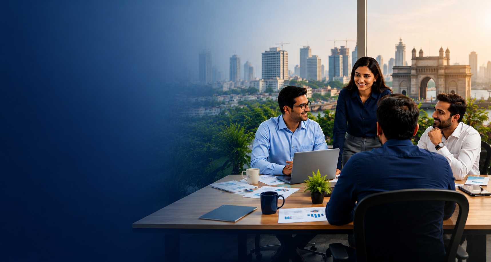 Business professionals meeting with Mumbai skyline — SME Credit Partners